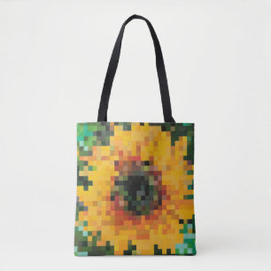 Tote Bag Tournesol pixelisé en jaune vif sur fond vert