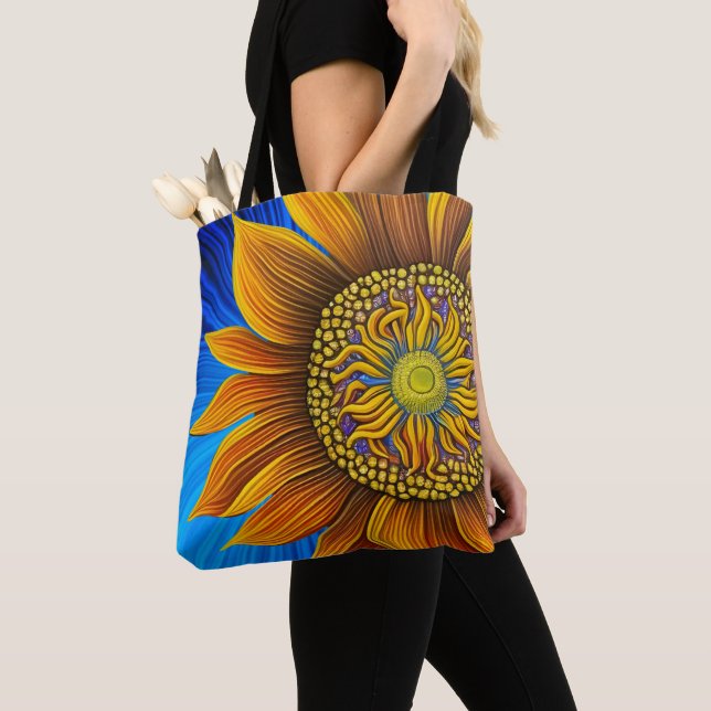 Tote Bag Tournesol rustique sur bleu (De près)