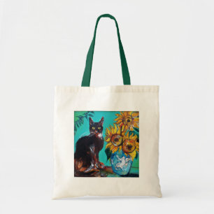 TOTE BAG TOURNESOLS AVEC CHAT NOIR EN TURQUOISE BLEU