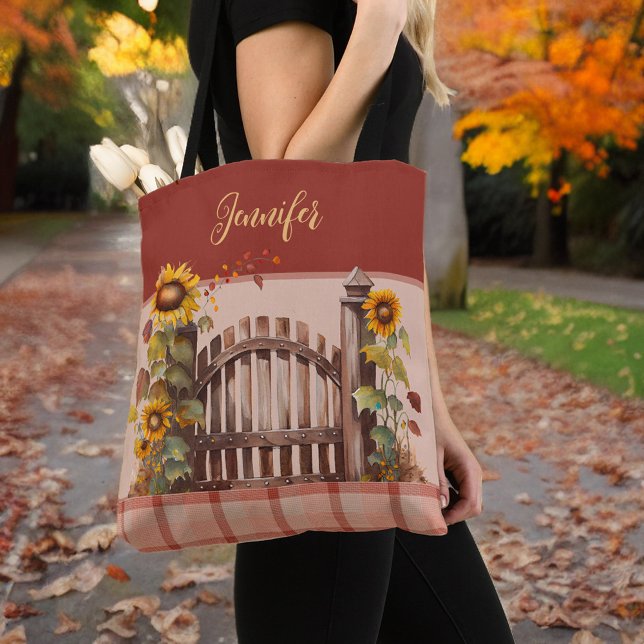 Tote Bag Tournesols d'automne sur la clôture Rust Plaid et  (Créateur téléchargé)