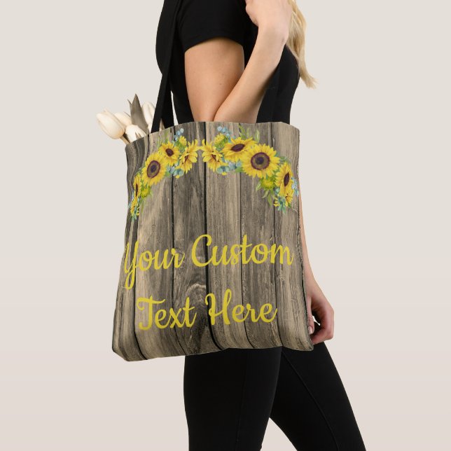 Tote Bag Tournesols en bois gris rustique personnalisés Tex (De près)