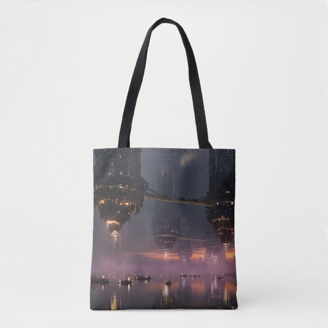 Tote Bag Tours futuristes flottant au-dessus du port (Devant)