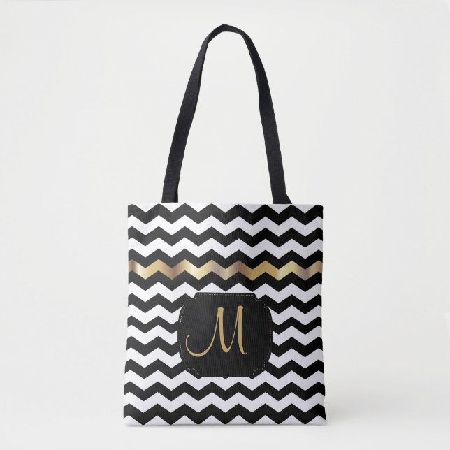 Tote Bag Tout sur impression Gold, Blanc et Noir Chevron De (Devant)