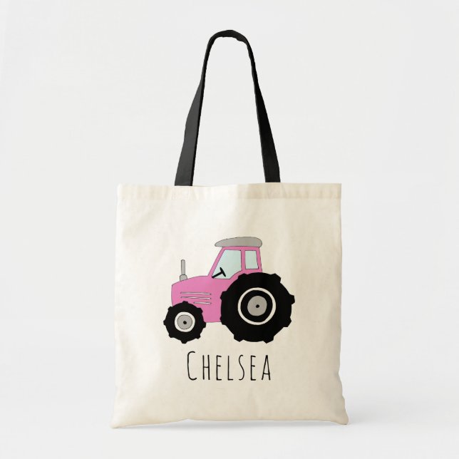 Tote Bag Tracteur et nom de ferme rose pour petite fille (Devant)