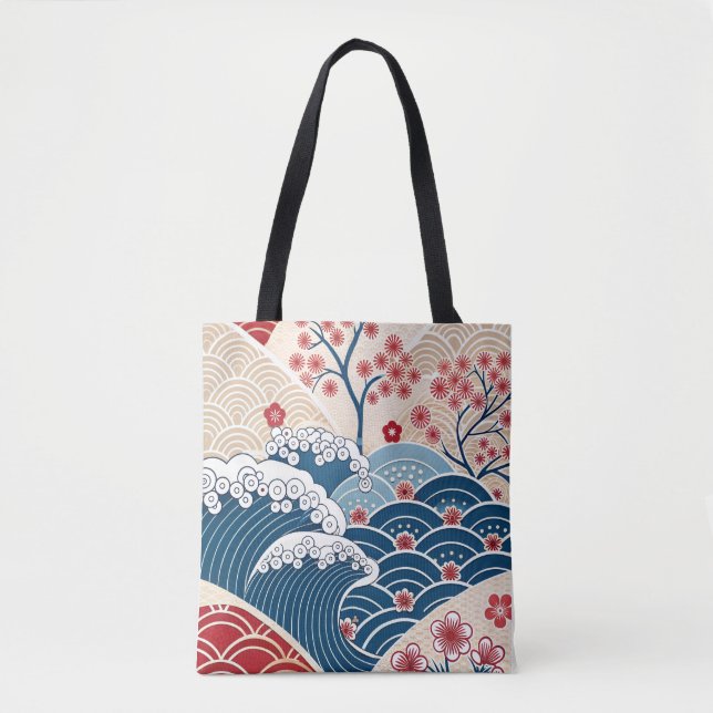Tote Bag Traditional Red Blue Japanese Wave Sakura Pattern (Devant)