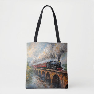 Tote Bag Train à vapeur sur un pont - Peinture à l'huile
