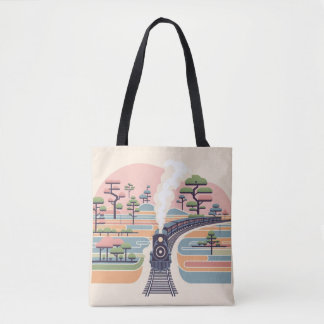Tote Bag Train à vapeur vintage dans une forêt pastel rêvée
