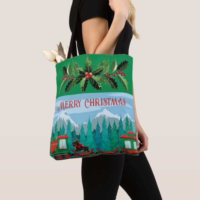 Tote Bag Train de Noël Joyeux Vert (De près)