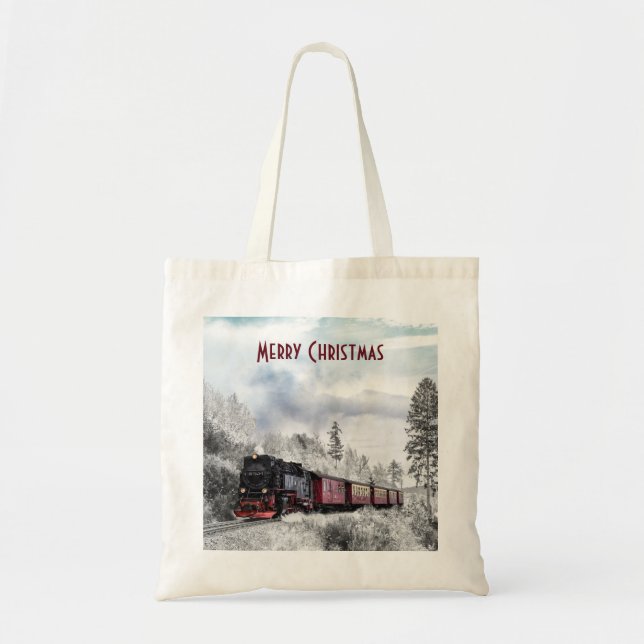 Tote Bag Train vintage traversant Winter Wonderland (Devant)