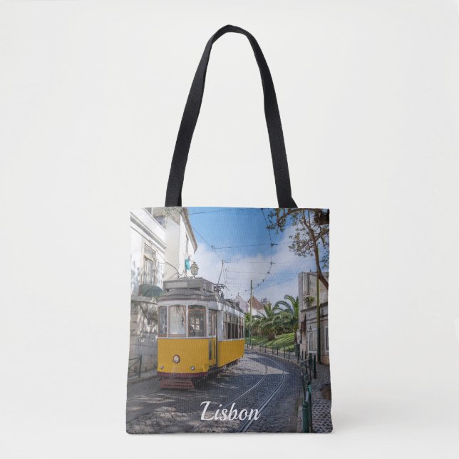 Tote Bag Tramway jaune rétro dans la rue à Lisbonne, Portug (Devant)