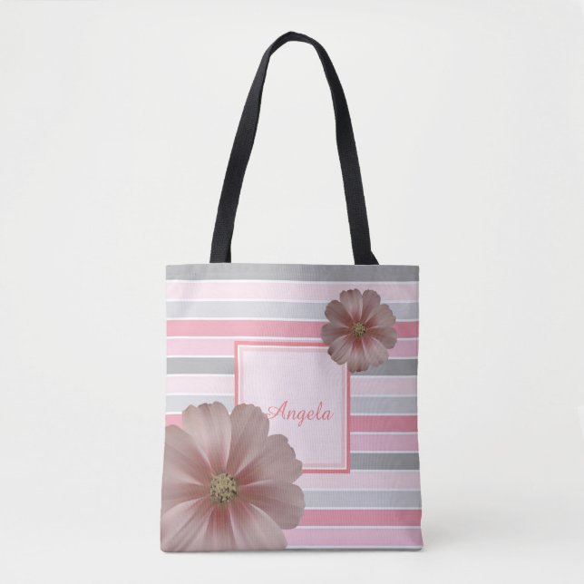 Tote Bag Trandy rayé, Fleurs - Personnalisé (Devant)