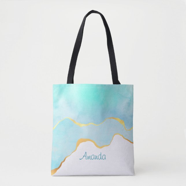 Tote Bag Tranquille Tropical Vert Bleu avec bordure or (Devant)