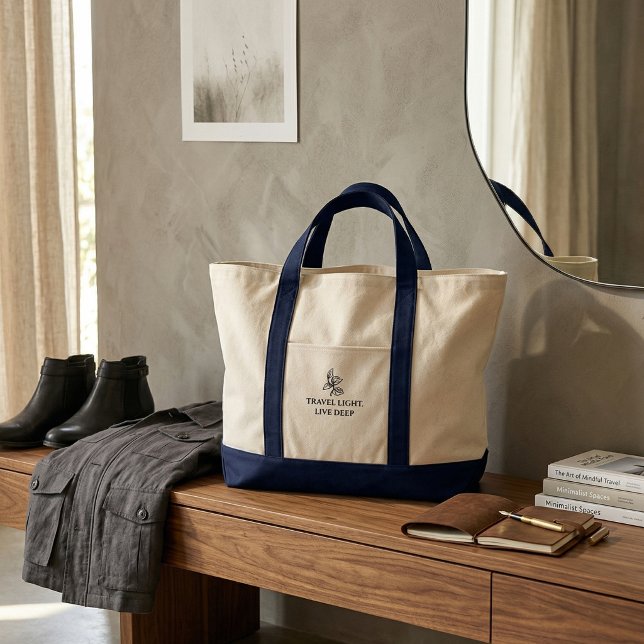 Tote Bag Travel Light Live Deep Minimalist Typography  (Travel Light Live Deep Minimalist Typography Off-White Large Canvas Weekender)