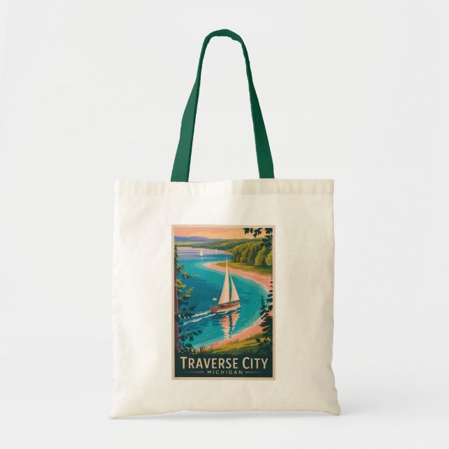 Tote Bag Traverse City Michigan Illustration Travel Art (Devant)