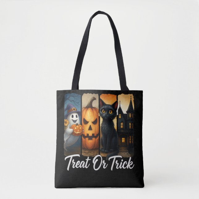 Tote Bag "Treat or Trick" Halloween Brush Stroke Chat (Devant)