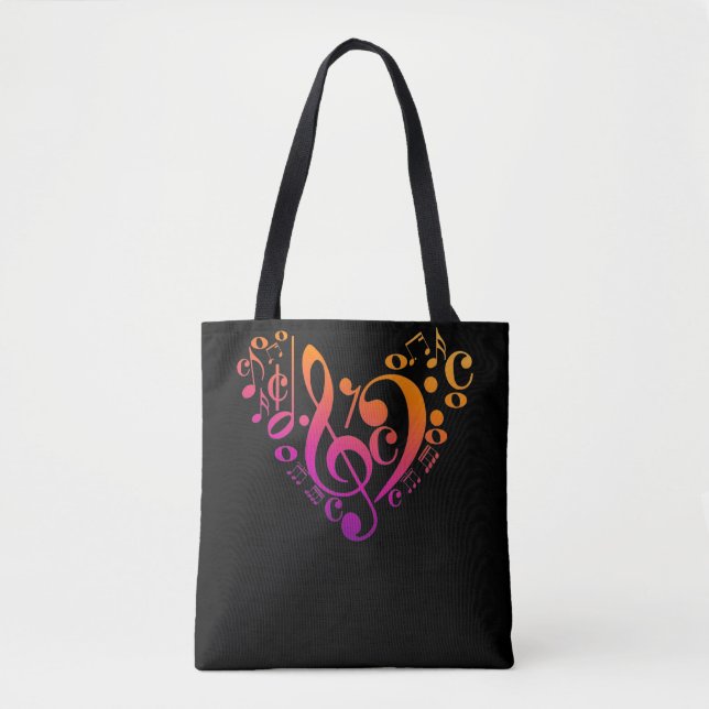 Tote Bag Treble Bass Clef Notes musicales Coeur coloré (Devant)