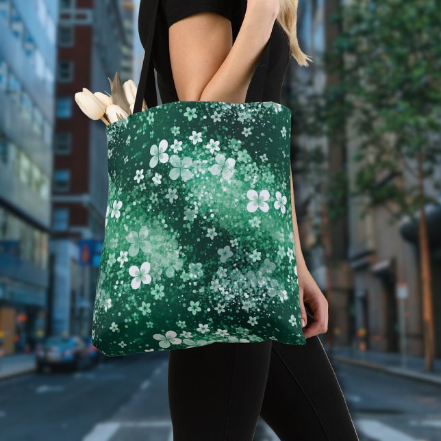Tote Bag Trèfles blancs et verts chic et pois sur fond vert (Créateur téléchargé)