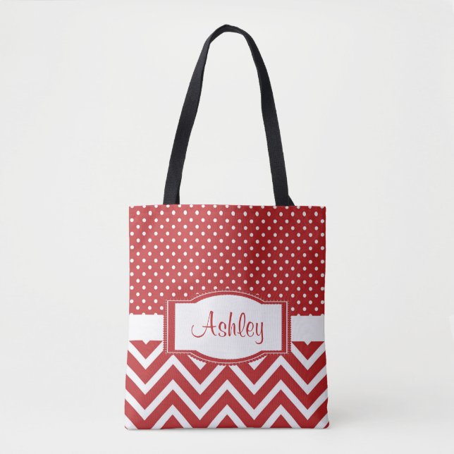 Tote Bag Trendy Chic Scarlet Red Polka Dot Chevron Monogram (Devant)
