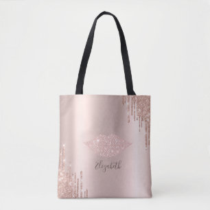 Tote Bag Trendy Diamonds Lèvres Rose Gold Paillettes Goutte