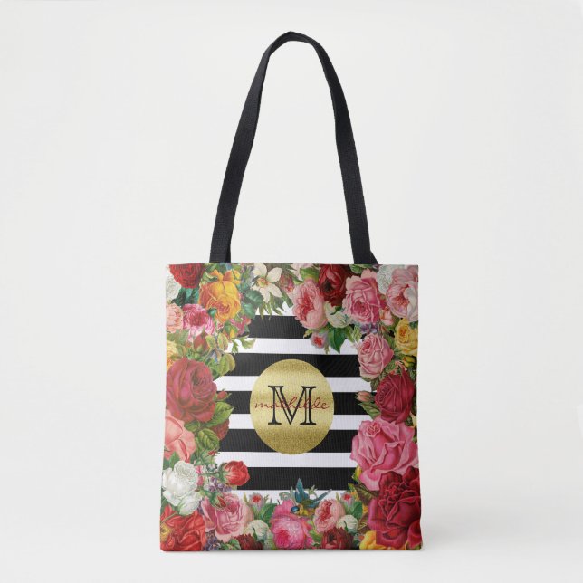 Tote Bag Trendy Monogram Stripes Rose Fleurs Parties scinti (Devant)