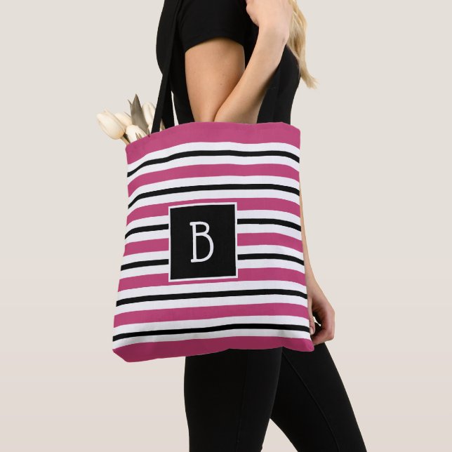Tote Bag Trendy Monogrammed rose, noir & blanc (De près)