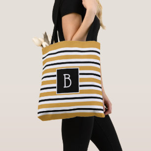 Tote Bag Trendy Monogrammed Yellow, Black & White Stripe