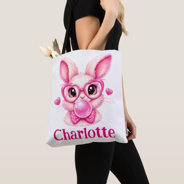 Tote Bag Trendy Pink Bunny  with Bubble Gum – Custom Name (De près)
