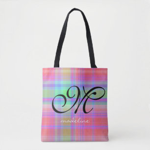 Tote Bag Trendy Rainbow Plaid Stripes Girly Script Monogram