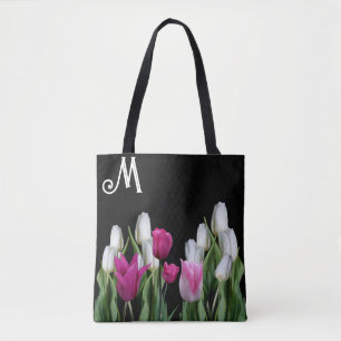 Tote Bag Trendy rose blanc tulipes floral vert noir girly