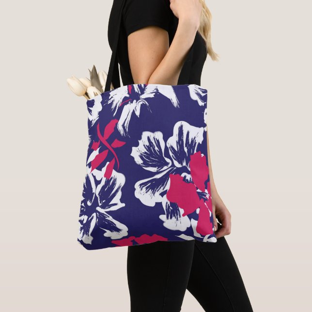 Tote Bag Trendy Tropical Abstract Blue Red Floral Pattern (De près)
