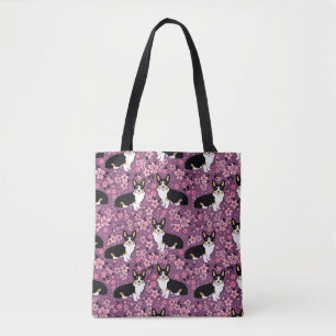 Tote Bag Tri fleurs de cerisier colorées de corgi - pourpr