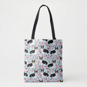 Tote Bag Tri fleurs de cerisier de corgi - bleu