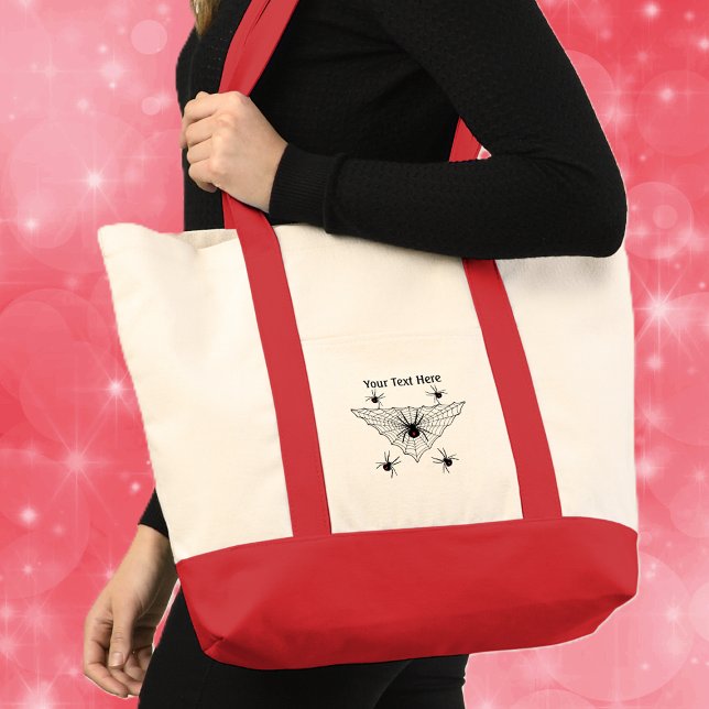 Tote Bag Triangle Web rouge marqué noir veuve araignées (Black widow spiders with classic red hourglass in black triangle shaped web on Halloween tote bag.)
