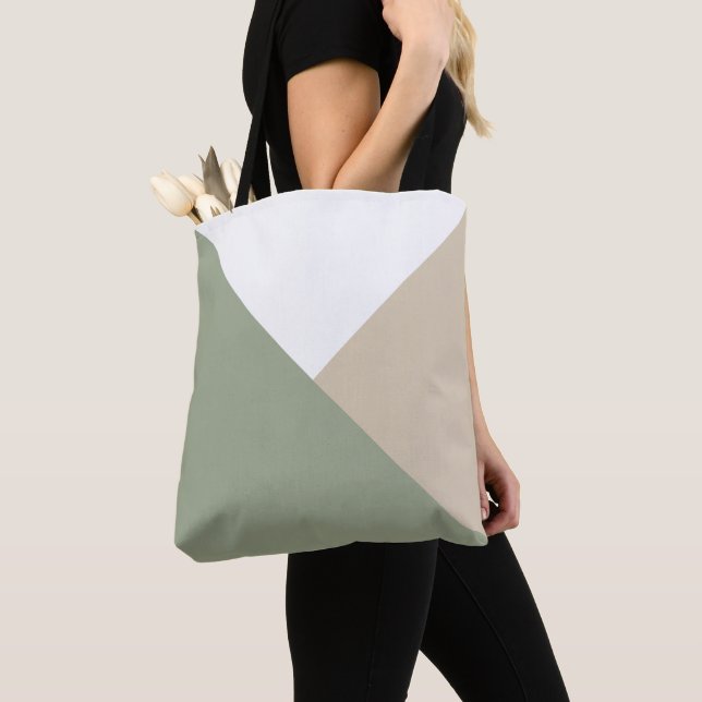Tote Bag Triangles de blocs de couleur modernes Vert sauge  (De près)