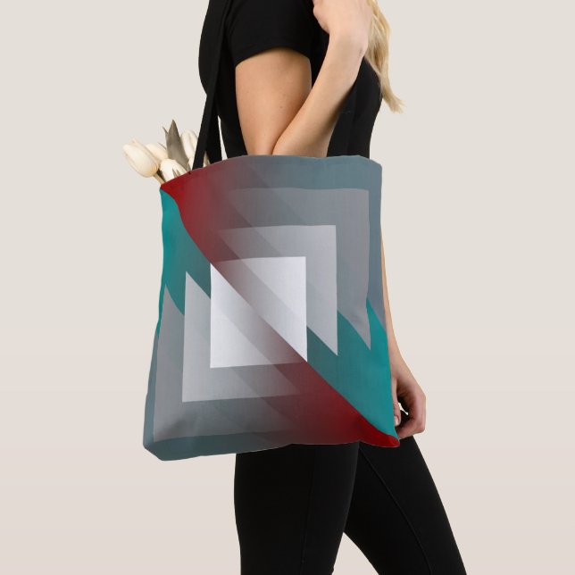 Tote Bag Triangles gris turquoise sur bordeaux (De près)