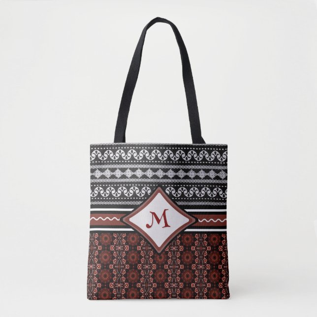 Tote Bag Tribal Abstrait noir, blanc et rouge (Devant)