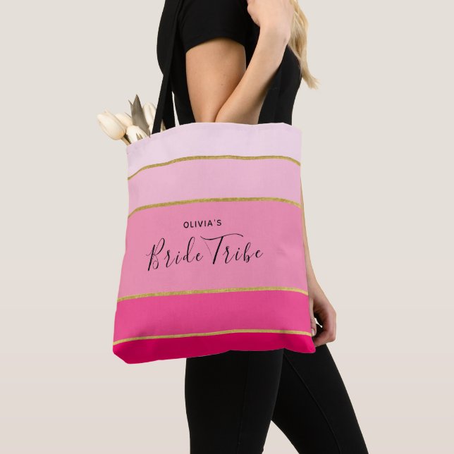 Tote Bag Tribu de mariée personnalisé rayé rose et or (De près)