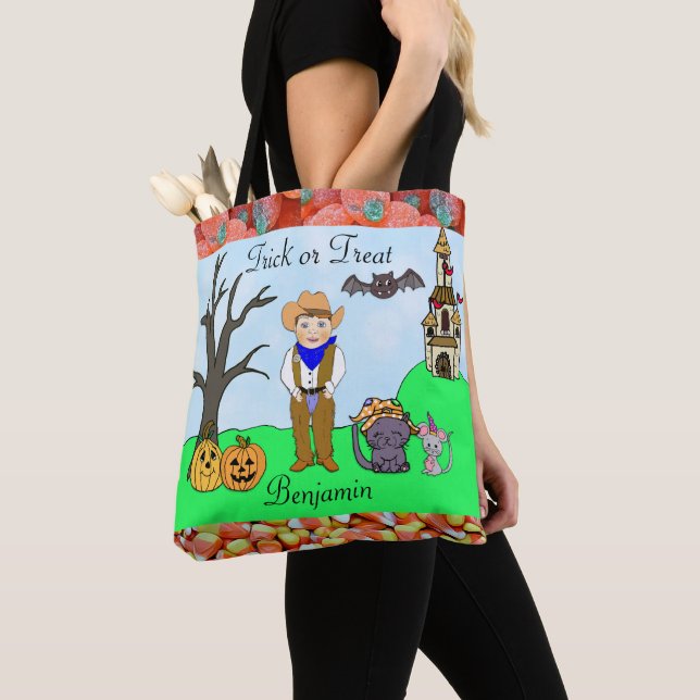 Tote Bag Trick or Treat Boy's Cowboy Costume Halloween (De près)