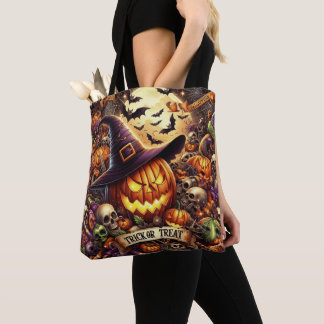 TOTE BAG TRICK OU TRAITER DES HAULEAUX HALLOWEEN COLORÉS