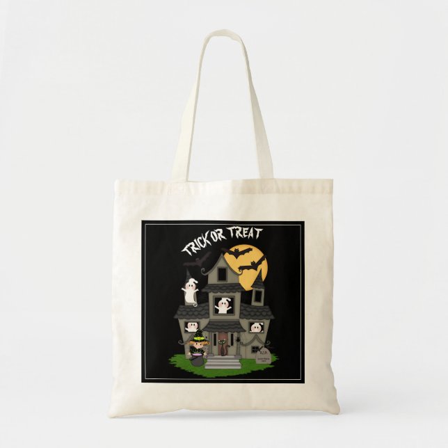 Tote Bag Trick ou traiter Halloween maison hantée noir (Devant)