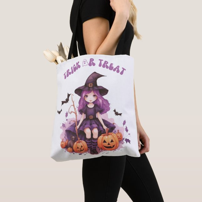 Tote Bag Trick ou traiter la sorcière violette Citrouilles  (De près)