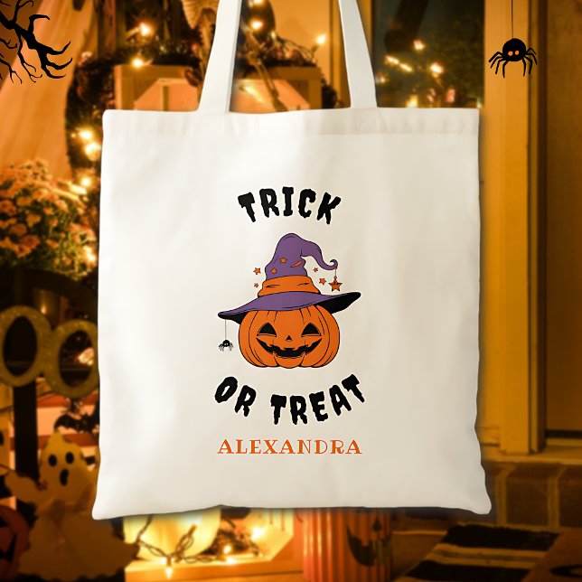 Tote Bag Trick Ou Treat Nom du Citrouille Personnalisé Hall (Créateur téléchargé)