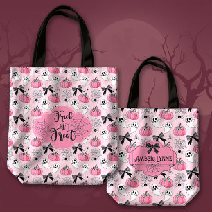 Tote Bag Tricoter ou traiter Coquette Fantôme et Citrouille