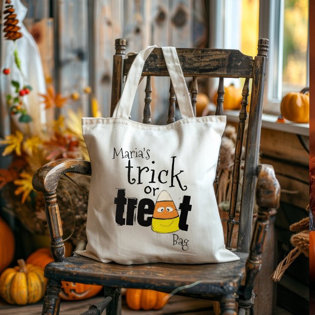 Tote Bag Tricoter ou traiter Halloween Corn bonbon Personna (Halloween trick or treat bag with whimsical candy corn)