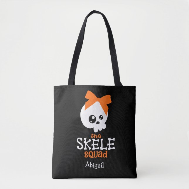 Tote Bag Tricoter ou traiter mignon Squelette orange Nom d' (Devant)