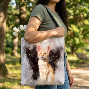 Tote Bag Trio à l'aquarelle de mignons chatons noirs et ora