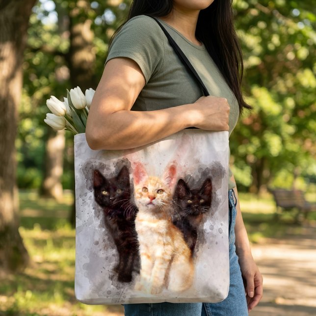 Tote Bag Trio à l'aquarelle de mignons chatons noirs et ora (Watercolor Trio of Cute Black and Orange Kittens. Tote Bag)