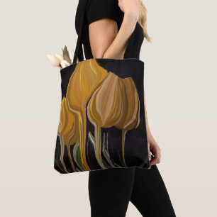 Tote Bag Trio de Tulipes Dorées sur Fond Noir