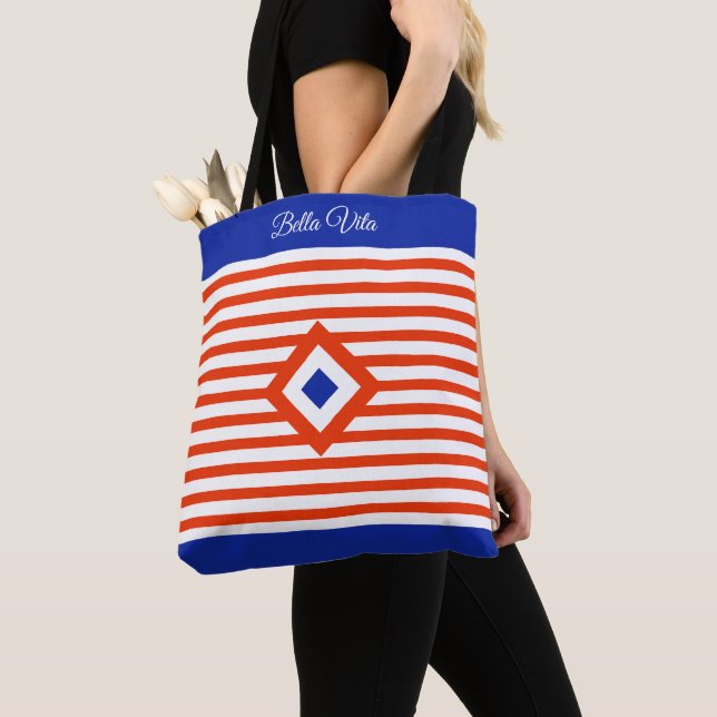 Tote Bag Triple Diamant sur Rayures Rouges et Blanches (De près)