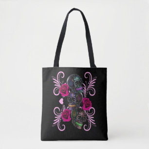Tote Bag Triple Journée Noire Des Crânes Morts Roses Roses 